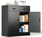 Metal Storage Cabinet with 2 Drawers and Shelves,36"H Locking Kitchen Storage Cabinets,Adjustable Shelf File Cabinet with Doors for Home Office, Garage,Laundry Room,Basement,Utility Room-Black