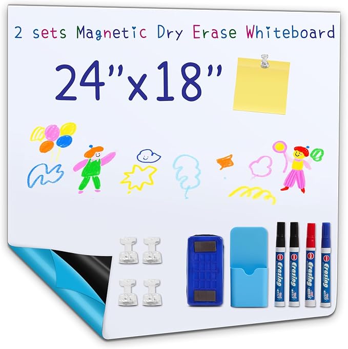 2 Pieces Whiteboard Adhesive Contact Paper, 24×18in Magnetic Whiteboard Roll, Dry Erase Board for Wall. Ideal for Schools, Offices, and Homes. Includes Markers and Dry-Erase Board.