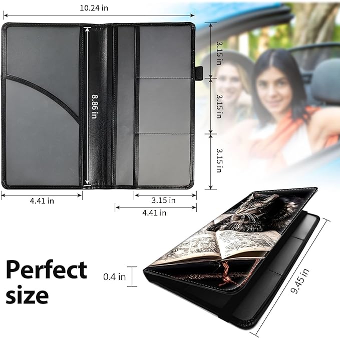 Car Registration and Insurance Holder, Leather Car Glove Box Organizer, Cool Car Accessories for ID, Driver's License Cards & Essential Document,business cards,Men&Women,Brown Cat and Book
