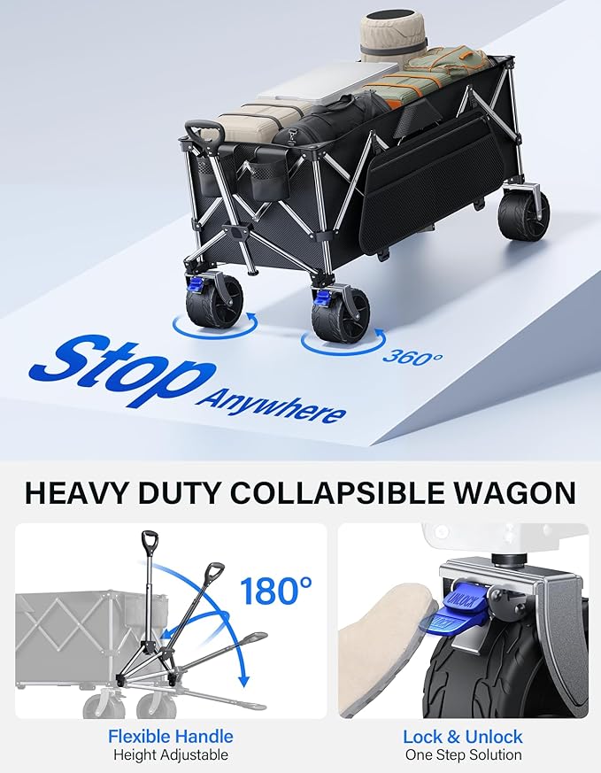 Wagons Carts Foldable Heavy Duty,440lbs Capacity & 350L Collapsible Utility Cart with Big All Terrain Wheels for Beach, Garden, Camping, Grocery Coal Black