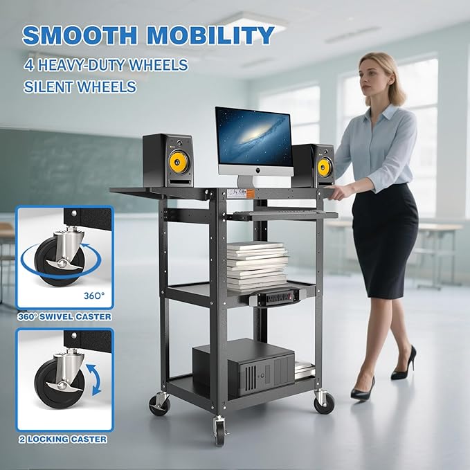 Large Steel AV Cart with Power Strip & Drop Leaves - Height Adjustable Metal Madia Cart with Wheels - Heavy Duty Rolling Computer Workstation for Laptop Projector Printer TV, Black (46" x 18")