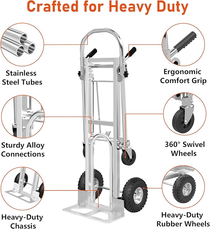 1000 LBS Dolly Cart with Wheels, 4 in 1 Folding Hand Truck, Stainless Steel Heavy Duty Industrial Convertible Hand Cart, Utility Collapsible Hand Truck Dolly for Warehouse, Home, Office, Etc