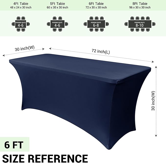 Obstal 6 Pack Stretch Spandex Table Covers for 6 Foot Tables - 6 FT Universal Rectangular Fitted Tablecloth Protector for Wedding, Banquet, Party (Navy, 72 Length x 30 Width x 30 Height Inches)