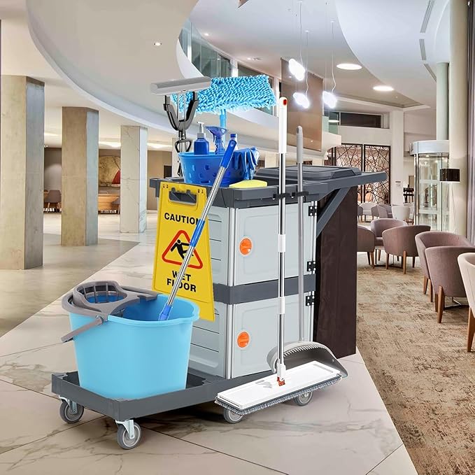 3-Shelf Commercial Janitorial Cart with Wheels - 2 Lockable Cabinets, Oxford Bag & Dust Cover, Sturdy Rolling Housekeeping Cart for School/Hotel/Apartment
