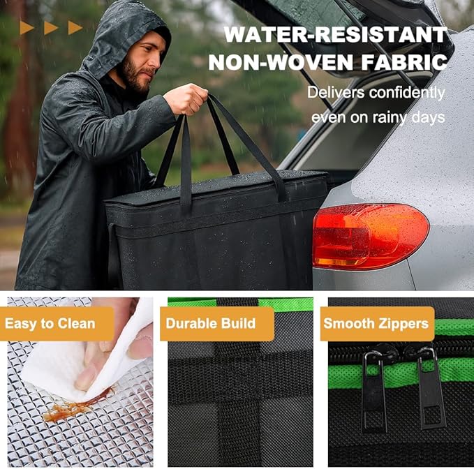 mosago Insulated Food Delivery Bag - Reusable Thermal Cooler Grocery Bags for Catering & Delivery, Pizza Carrier for Events, Large Capacity Bag Keeps Food Hot/Cold (Black with Green Trim, with Base)