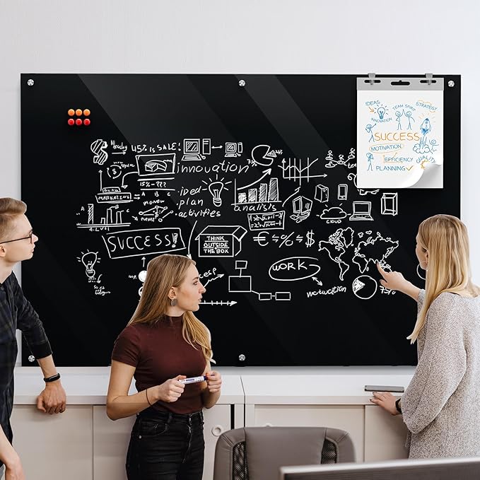 MaxGear Glass Whiteboard 72" x 48"(6' x 4') Wall Mounted, Magnetic Black Dry Erase Board with 1 Eraser, 1 Accessory Tray, 4 Markers and 6 Magnets, Extra Large Frameless Board for Office, School, Home
