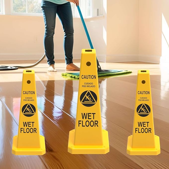 Caution Wet Floor Sign, 26.4-Inch Safety Cone, 8 Pack Yellow Plastic, High-Visibility, Non-Fading, Slip-Resistant Base, Stackable, Indoor Outdoor Warning Sign