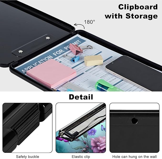 Clipboard with Storage,Plastic Storage Clipboard with Low Profile Clip, Heavy Duty Nursing Clipboards Foldable,Coaches Clipboard Case for Work, Teacher,Office School Supplies,Pink Butterfly Flower
