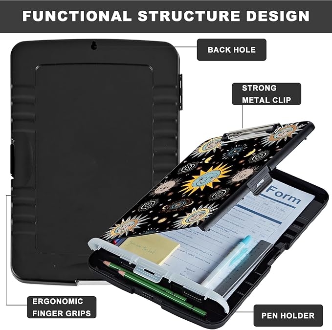 Clipboard with Storage,Storage Clipboard with Pen Holder,Heavy Duty Plastic Storage Clipboard with Low Profile Clip, Clipboard Folder, Teacher Must Haves, Office Supplies,Moon Suns