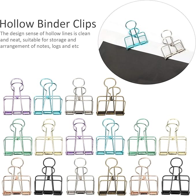 16 Pcs Hollow Binder Clips - 8 Colors Skeleton Design Paper Clamps for Office School Home Use, Organize Documents Files Notes(M,1.3x1.5in)