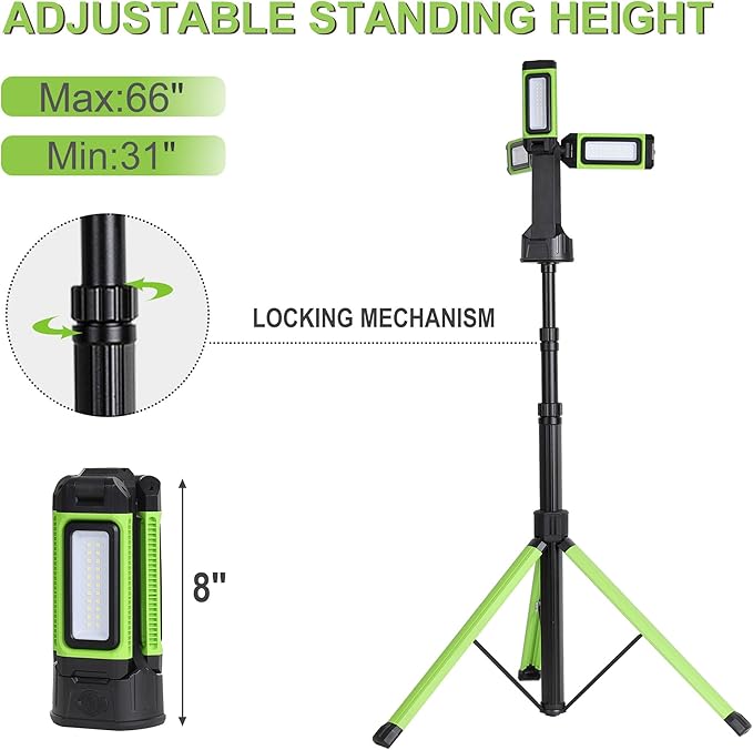 Multi-Directional LED 7000 Lumen Work Light, with Adjustable Tripod Stand and Carry Bag, Rechargeable with USB Power in/Out, Super Bright for Camping, Car Repairing, Barbecue, Workshop