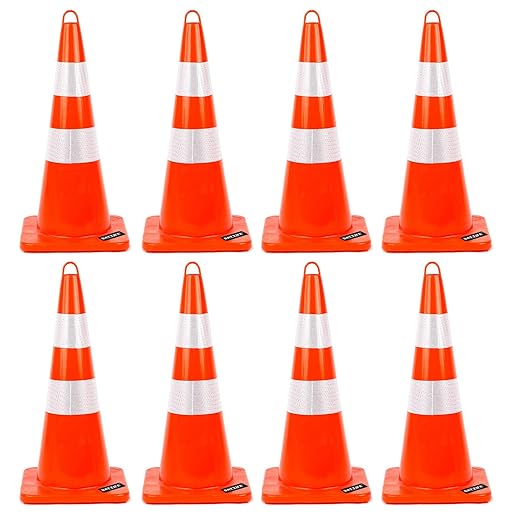 BATTIFE 28 Inches Traffic Safety Cones | 8 Pack | PVC Cone with Reflective Collars, Orange Construction Cone for Traffic Control, Driveway Road Parking Use