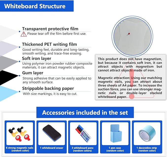 Magnetic Dry Erase Whiteboard Paper with Adhesive, 30" x 15" White Board Film for Wall, Easy to Write and Clean Dry Erase Board for Office, Classroom, Home, Include Marker, Magnetic Eraser and Magnets