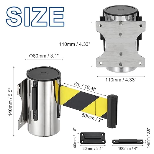 PATIKIL Fixed Wall Mount Retractable Belt Barrier, 2 Pcs 16.4 Feet Fixed Retractable Belt Barrier with Steel Case for Crowd Control Grocery Retail Store Stadium, Silver Tone/Black/Yellow
