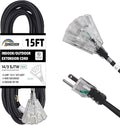3-Outlets Indoor Outdoor Extension Cord Weatherproof with Lighted End, UL Listed, 14 Gauge 15FT Black 3 Prong Heavy Duty, 14/3 SJTW 15A Power Cord