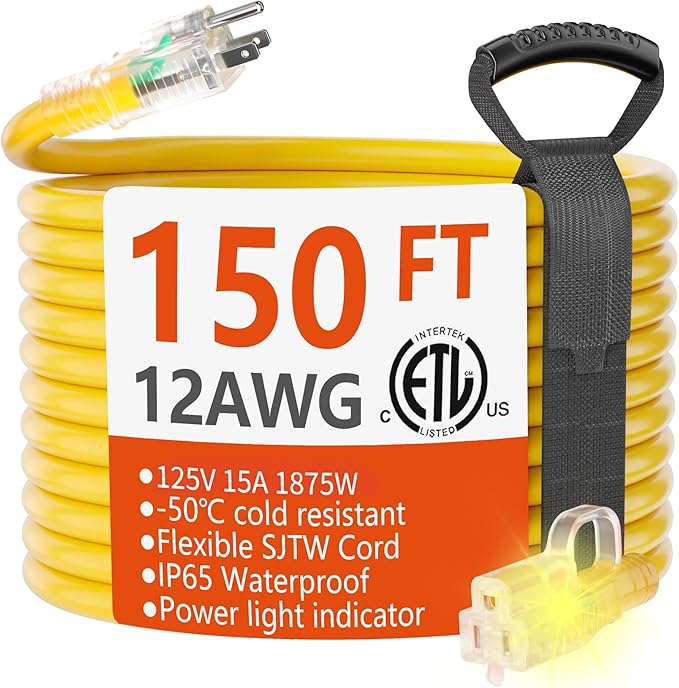 HUANCHAIN 150 ft 12/3 Gauge Outdoor Extension Cord Waterproof Heavy Duty with Lighted end, Flexible Cold-Resistant 3 Prong Electric Cord Outside, 15Amp 1875W 12AWG SJTW, Yellow, ETL
