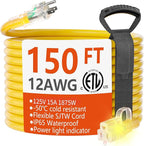 HUANCHAIN 150 ft 12/3 Gauge Outdoor Extension Cord Waterproof Heavy Duty with Lighted end, Flexible Cold-Resistant 3 Prong Electric Cord Outside, 15Amp 1875W 12AWG SJTW, Yellow, ETL