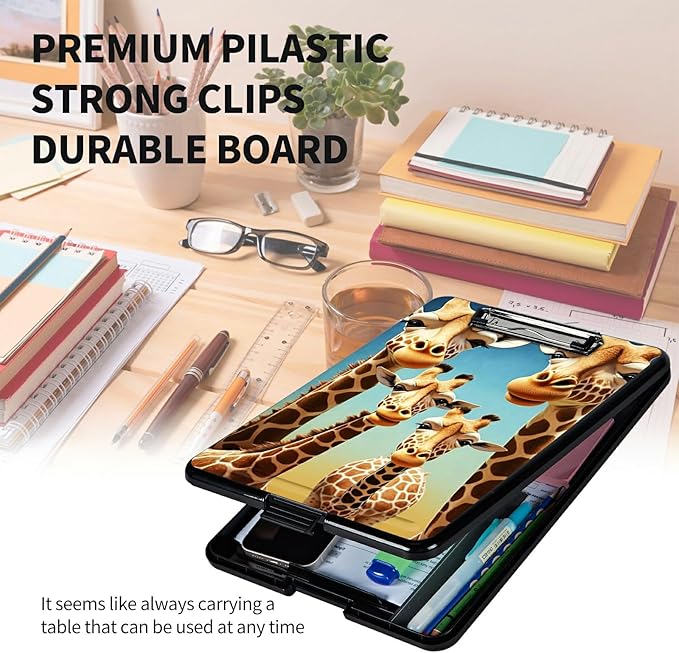 A4 Clipboards,Heavy Duty Waterproof Nursing Plastic Folder Clipboard with Storage Clip Boards,File Folder Storage Box Clipboard Case for Teacher,Doctor,Offices,Giraffe