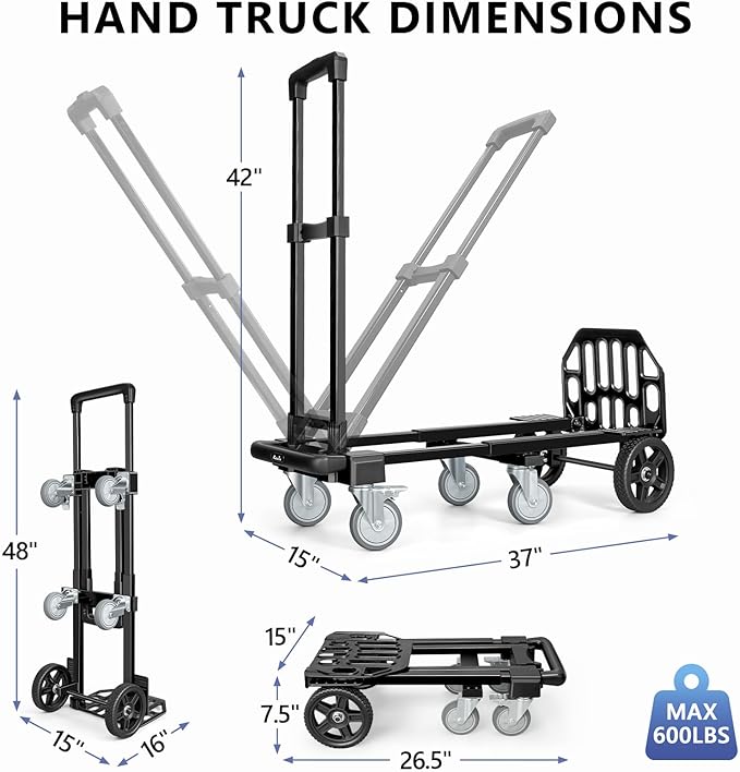KEDSUM 3-in-1 Convertible Hand Truck Dolly, 600LBS Heavy Duty Dolly Cart with Wheels, Dolly Cart with Adjustable Handle & Caster Wheels for Home,Office,School, 6 Wheels Innovative Design, Collapsible