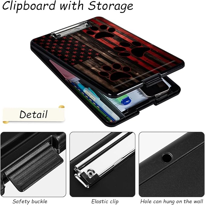 Clipboard with Storage, High Capacity Plastic Storage Clipboard with Pen Holder for Women Teachers Work, School & Office Supplies, Cute Pattern Decorative Clipboards, Dog Paw American Flag
