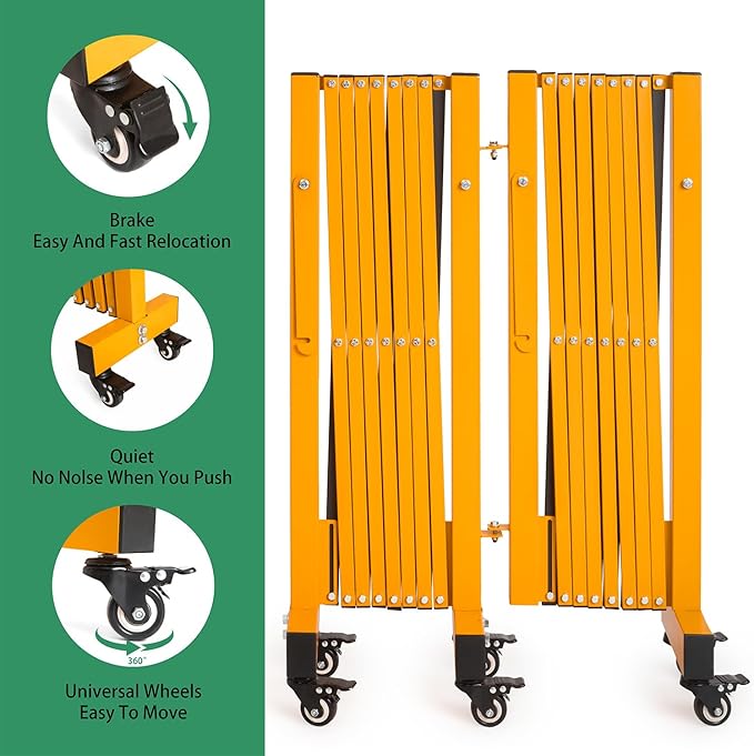 16.5FT Expandable Barricade Gate, Expandable Metal Barricade Gate Alloy Fence and 270 Degrees Direction Adjustment with Wheels, for Industrial or Residential Use (Yellow, 16.5FT)