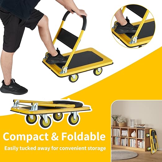 Foldable Push Cart Dolly, Heavy Duty Flat Bed Cart with Wheels & Non-Slip Mat, 360° Mute Wheels for Easy Maneuver, 330lbs, Easy to Assemble – Ideal for Household Tasks, Grocery Delivery, Yellow