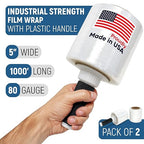 5" x 1000’ Industrial Strength Stretch Wrap, Ready to Use Pack of 2 Mini Rolls with one Handle, Clear Plastic Film, 80 Gauge Thick, 500% Elongation – Heavy-Duty Shrink Wrap for Moving, Packing