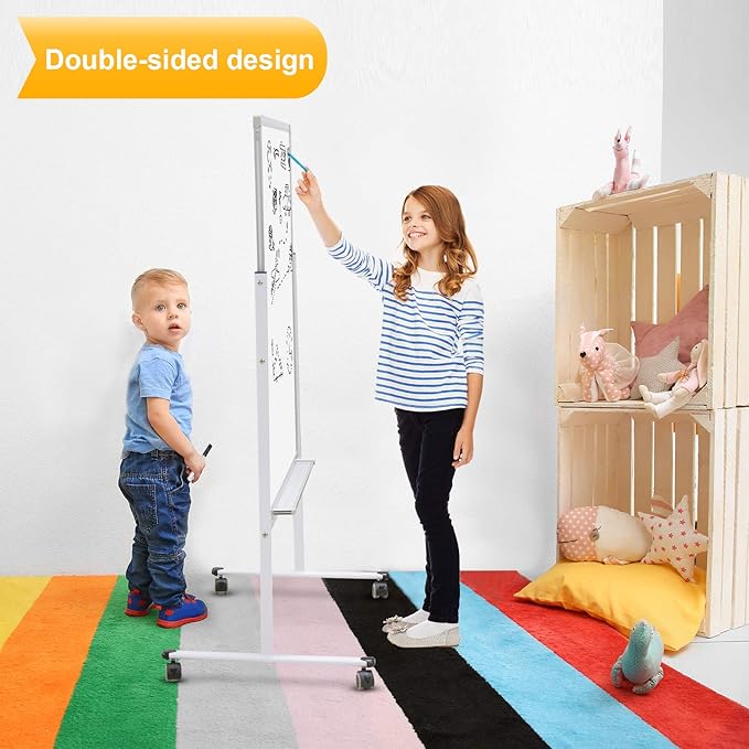 H-Qprobd 24"x36" Dry Erase Board with Stand - Adjustable Height Double Side Mobile Magnetic Rolling Whiteboard on Wheels for Home, Office & School