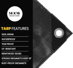 PROTARP Extra Heavy Duty 16 Mil Tarp Cover, Waterproof, UV Resistant, Rip and Tear Proof, Poly Tarpaulin with Reinforced Edges for Roof, Camping, Patio, Pool, Boat. (Black 12′ X 16′)