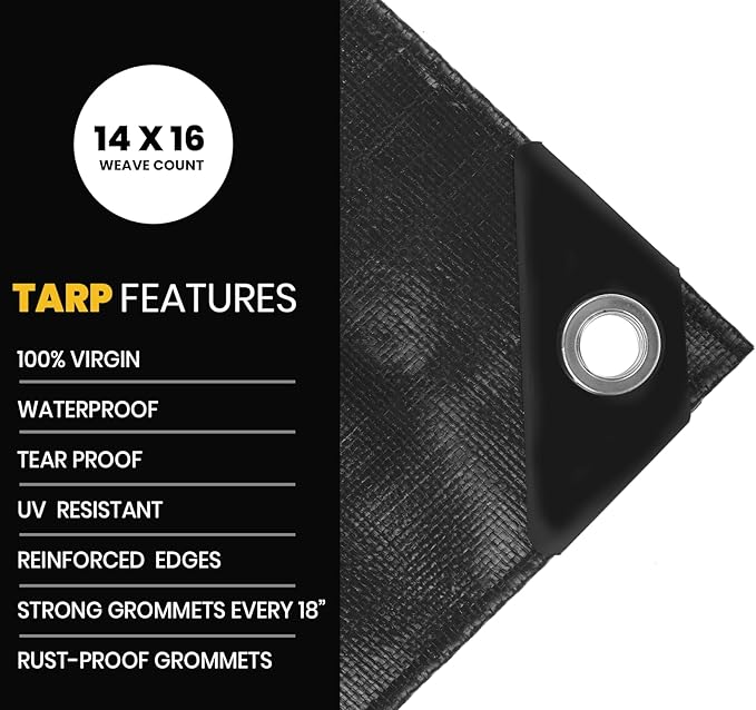 PROTARP Extra Heavy Duty 16 Mil Tarp Cover, Waterproof, UV Resistant, Rip and Tear Proof, Poly Tarpaulin with Reinforced Edges for Roof, Camping, Patio, Pool, Boat. (Black 30′ X 60′)
