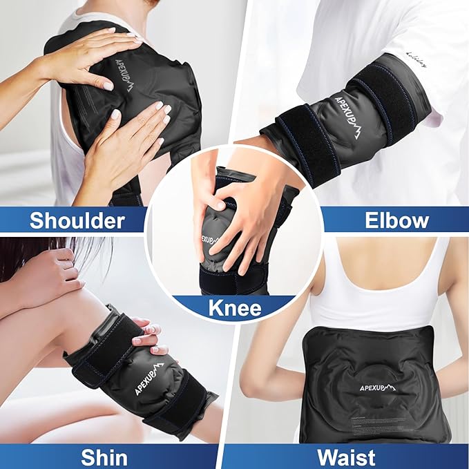 APEXUP Ice Pack for Knee Pain Relief, Large Reusable Wrap After Surgery, Flexible Gel Cold Pack for Injuries, Pain Relief for Back, Shoulder, Elbow, Ankle and Leg (Black, L, 2PK)