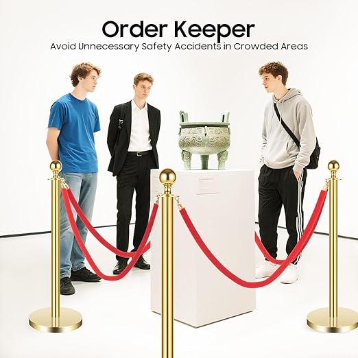 6 Pcs Stanchions with Red Velvet Ropes Set, 4 Red Velvet Ropes and 6 Posts Poles, Hollow Base with Stainless Steel Post for Red Carpet Party Decoration Crowd Control Barriers (Golden)