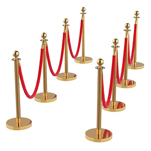8Pcs Stainless Steel Stanchion Posts with 5ft Red Velvet Ropes - Crowd Control Barriers & Queue Line Kit with 26ft Red Carpet for Wedding, Party, Theater Supplies
