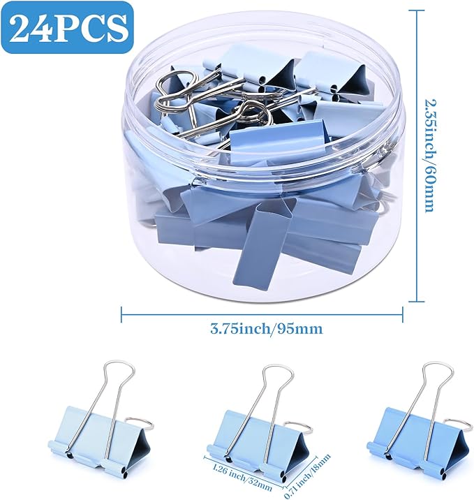 Temiary Aesthetic Binder Clips, 24 Pcs 1.26 Inches Small Metal Binder Clip with Clear Storage Container, Binding Paperwork Clamps for School Teachers Office Supplies (Blue)