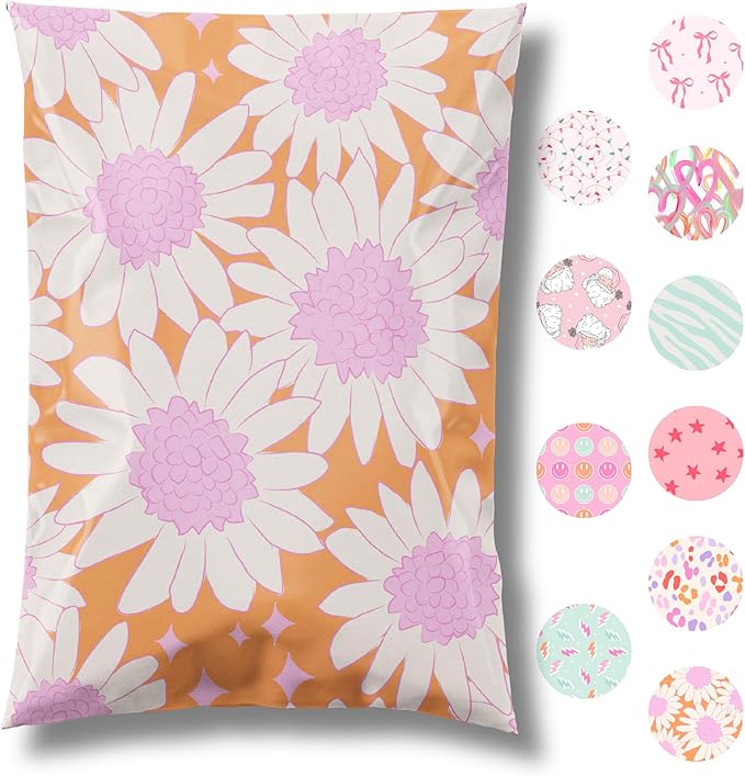 10x13 Designer Poly Mailer 100 Pack Heavy Duty Waterproof Self Seal Shipping Bags for Small Business Large Mailing Envelopes Bulk Tear Resistant Cute Packaging Pink Blooms Flowers