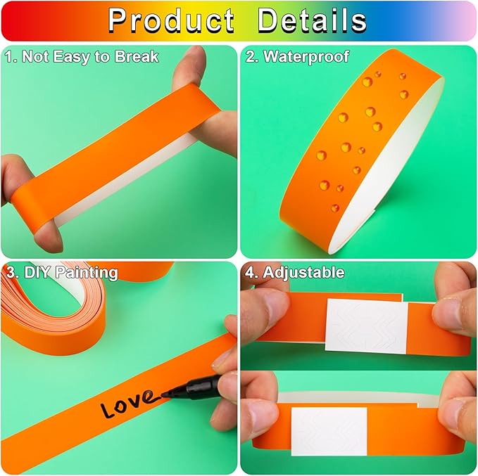 1200 Pcs Plastic Paper Wristbands for Events Neon Color Wrist Bands Concert Identification Wristbands Paper Bracelets Wristbands Party Hand Bands (Orange)