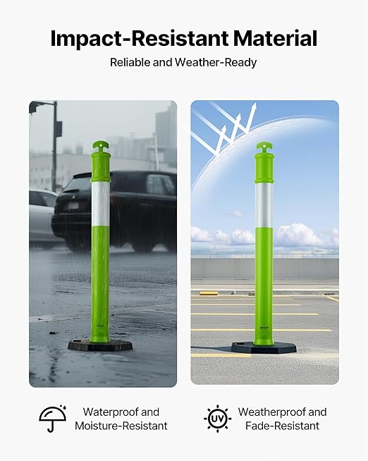 VEVOR 3 Pack Traffic Delineator Posts, 48 inches Traffic Safety Cones with Weighted Base and Reflective Strips, Heavy Duty Delineator Posts for Construction Site, Parking Lot, Crowd Control, Green