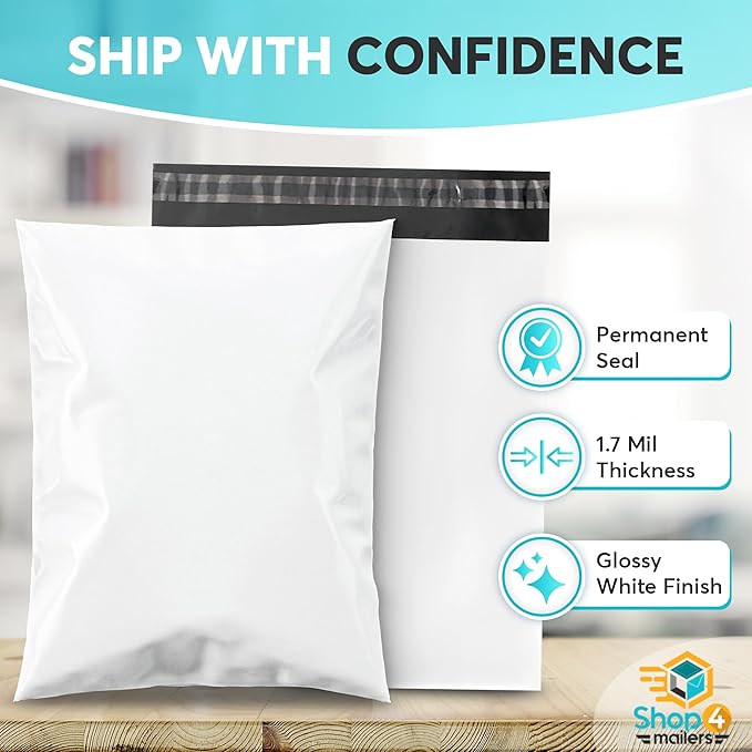 Shop4Mailers 19 x 24 Glossy White Plastic Self Seal Poly Mailer Flat Bags Waterproof Shipping Envelope 1.7 Mil for Apparel, Clothes, Shirts, Books – Permanent Adhesive Seal (250 Pack)