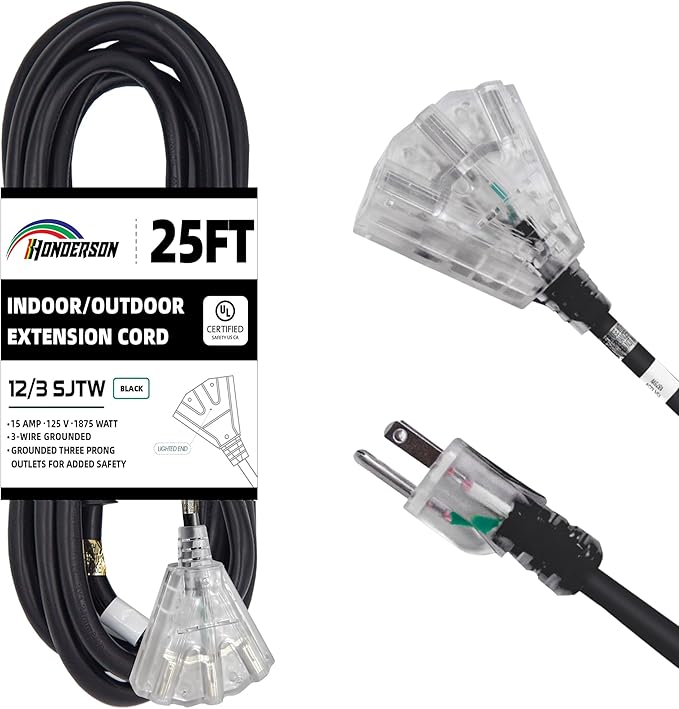 3-Outlets Indoor Outdoor Extension Cord Weatherproof with Lighted End, UL Listed, 12 Gauge 25FT Black 3 Prong Heavy Duty, 12/3 SJTW 15A Power Cord