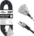 3-Outlets Indoor Outdoor Extension Cord Weatherproof with Lighted End, UL Listed, 12 Gauge 25FT Black 3 Prong Heavy Duty, 12/3 SJTW 15A Power Cord