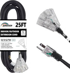 3-Outlets Indoor Outdoor Extension Cord Weatherproof with Lighted End, UL Listed, 12 Gauge 25FT Black 3 Prong Heavy Duty, 12/3 SJTW 15A Power Cord