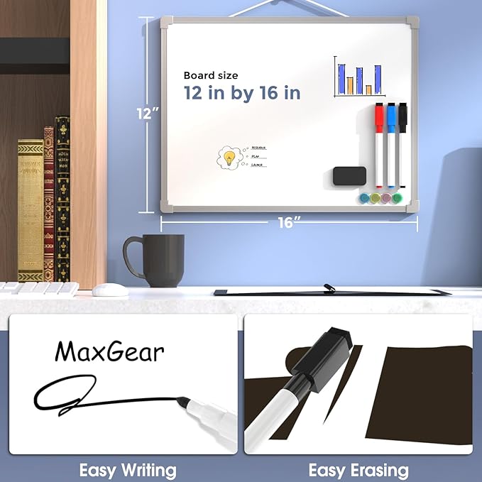 MaxGear Double-Sided Dry Erase Board for Wall, 16"x12" Hanging Whiteboard, Small Dry Erase White Board kit, Portable Whiteboard for Planning, Drawing, Memo, to Do List, Grey Frame
