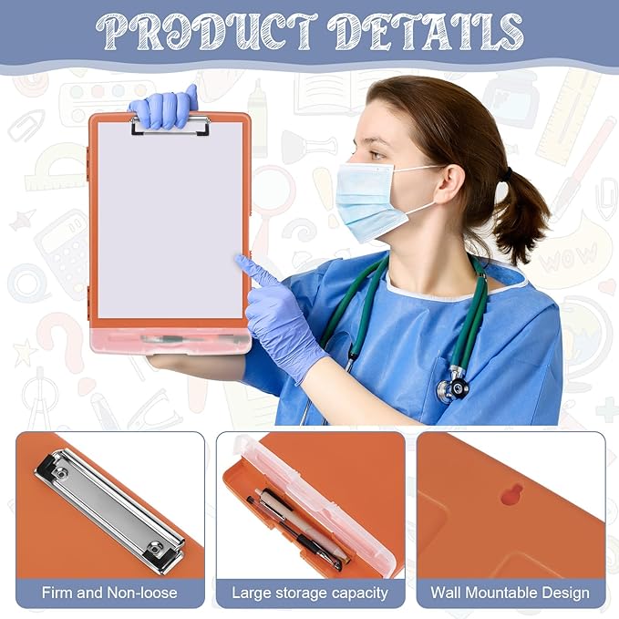 Crtiin 6 Pcs Plastic Clipboard with Storage Colored A4 Nursing Holder Heavy Duty Waterproof Storage Clipboard Folder for Office School Nurses Teacher Essentials (Multicolor)