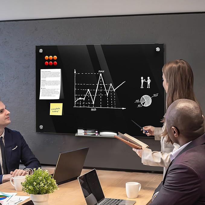 MaxGear Glass Whiteboard 36x24 Inches Wall Mounted, Magnetic Black Dry Erase Board with 1 Eraser, 1 Accessory Tray, 4 Markers and 6 Magnets, Large Frameless White Board for Office, School, Home