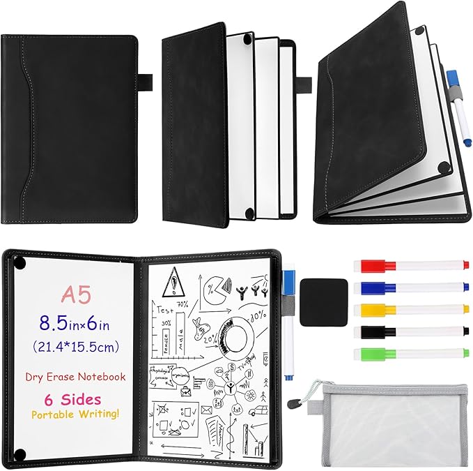 6 Sides Whiteboard Notebook Portable Whiteboard Dry Erase Notebook Portable Dry Erase Board Double Sided Folding Whiteboards White Board for Office Study Meeting(Black,A5: 6"×9”)