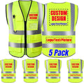 BeautyWill 5 Pack Safety Vest Custom Logo Class2 High Visibility Reflective Vest with 5 Pockets Construction Security Work Vest ANSI/ISEA Standards（Yellow，3XL ）