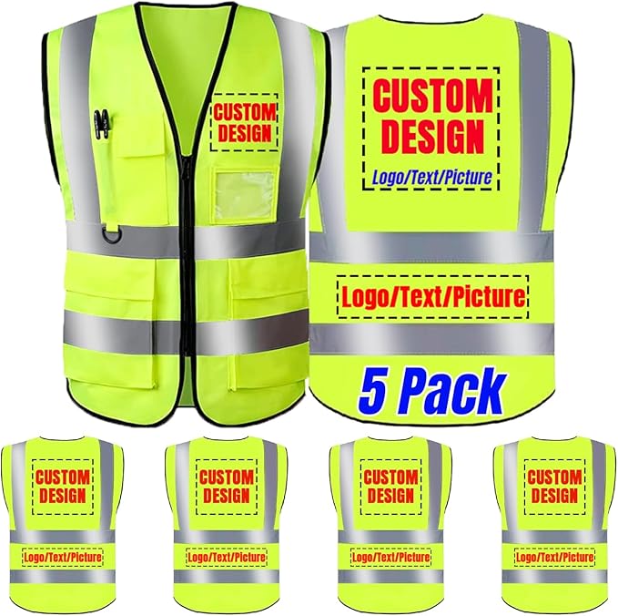 BeautyWill 5 Pack Safety Vest Custom Logo Class2 High Visibility Reflective Vest with 5 Pockets Construction Security Work Vest ANSI/ISEA Standards（Yellow，3XL ）