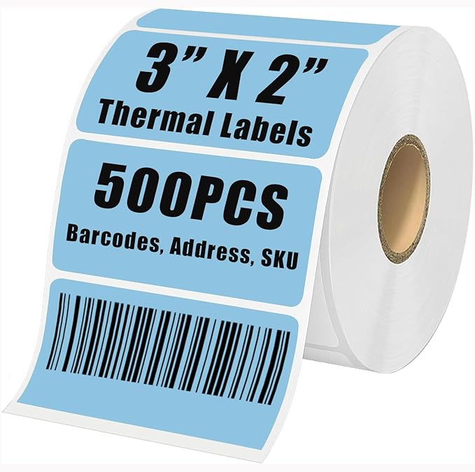 3" x 2" Thermal Labels Stickers Blue, Thermal Printer Thermal Shipping Stickers, Multipurpose Inventory Self-Adhesive Direct Thermal Label for Small Business (500 Labels/Roll)