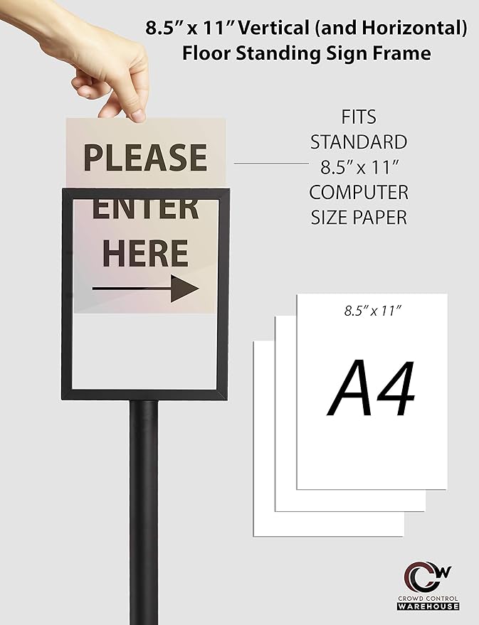 Crowd Control Warehouse Pedestal Standing Floor Sign Frame with Sloped Base, 8.5x11 Inch Horizontal, Satin Brass