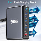 500W USB C Fast Charger Block, 8 Port USB Charging Station, GaN Ⅲ Pro Double 100W PD PPS Port Fast Charging Station for Multiple Devices,Laptop Wall Charger Compatible with MacBook, iPhone 17,iPad etc